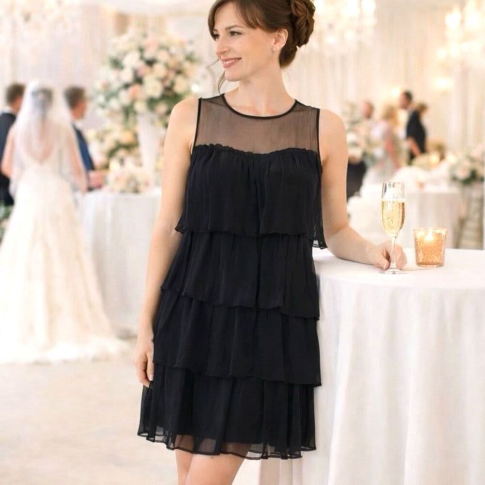 Silk Tier Ruffle Shift Dress M Illusion Sweetheart Cocktail Short Above Knee LBD